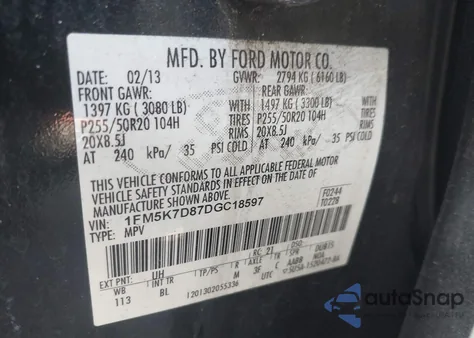 2013 Ford Explorer Xlt z USA, uszkodzony, nr VIN 1FM5K7D87DGC18597